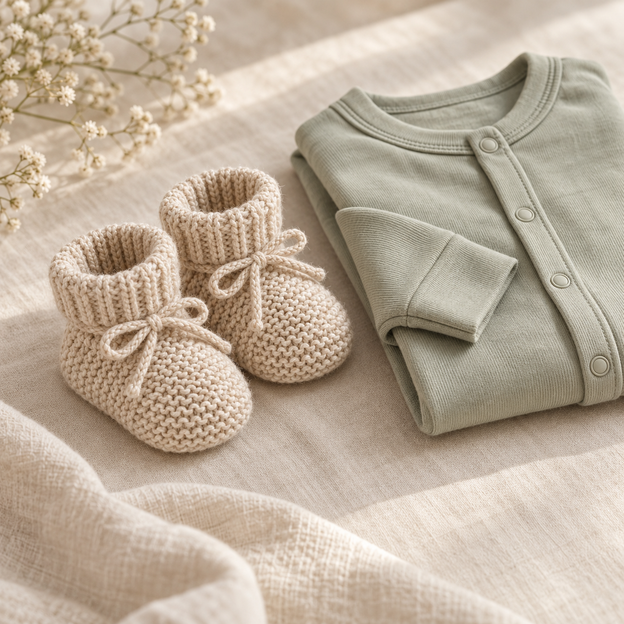 Tiny knitted booties beside a folded sage outfit