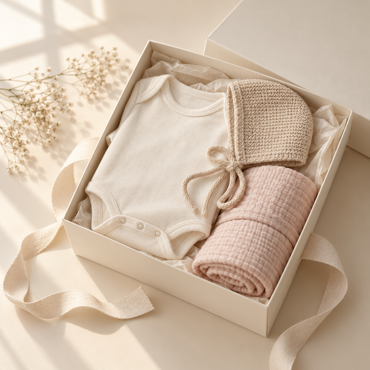 Newborn clothing and a bonnet in an ivory gift box