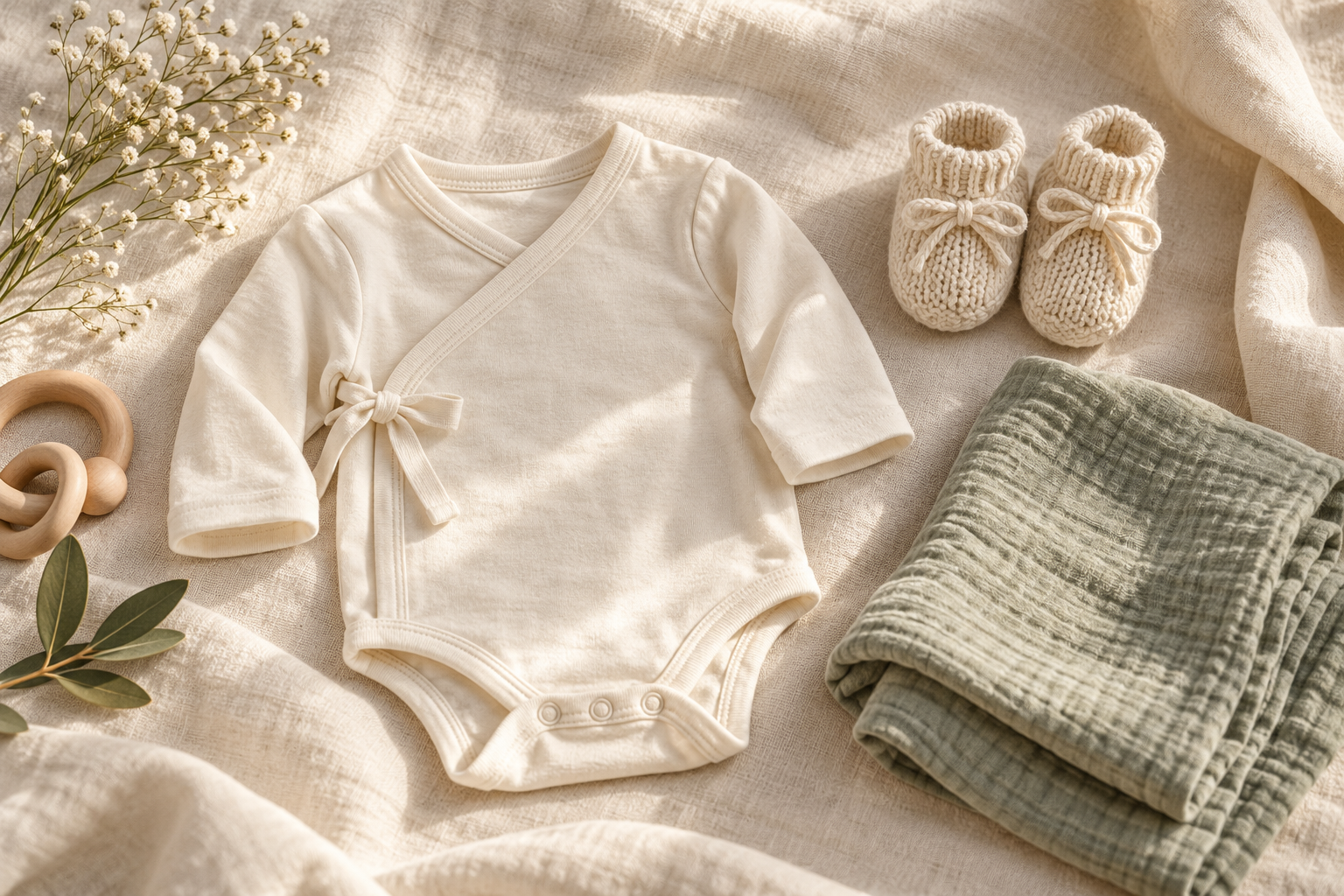 Cream newborn outfit with knitted booties and sage muslin